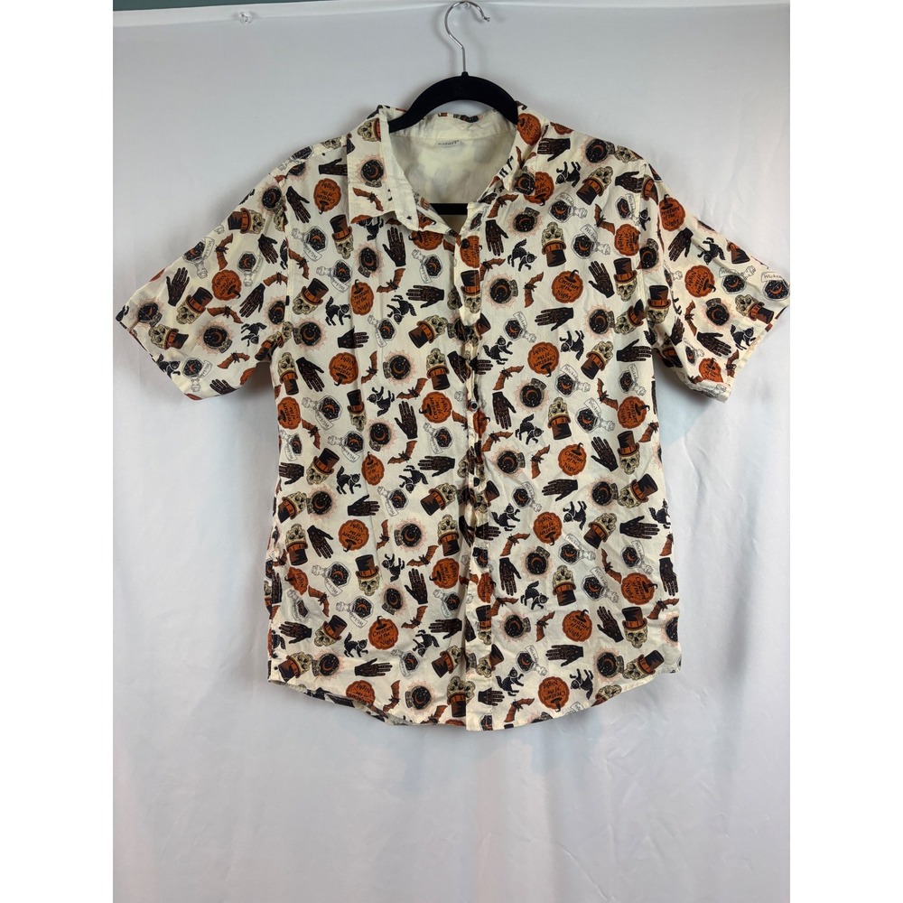 Spirit Halloween Mens Medium Short Sleeve Button Down Shirt Skull Pumpkin‎ Print